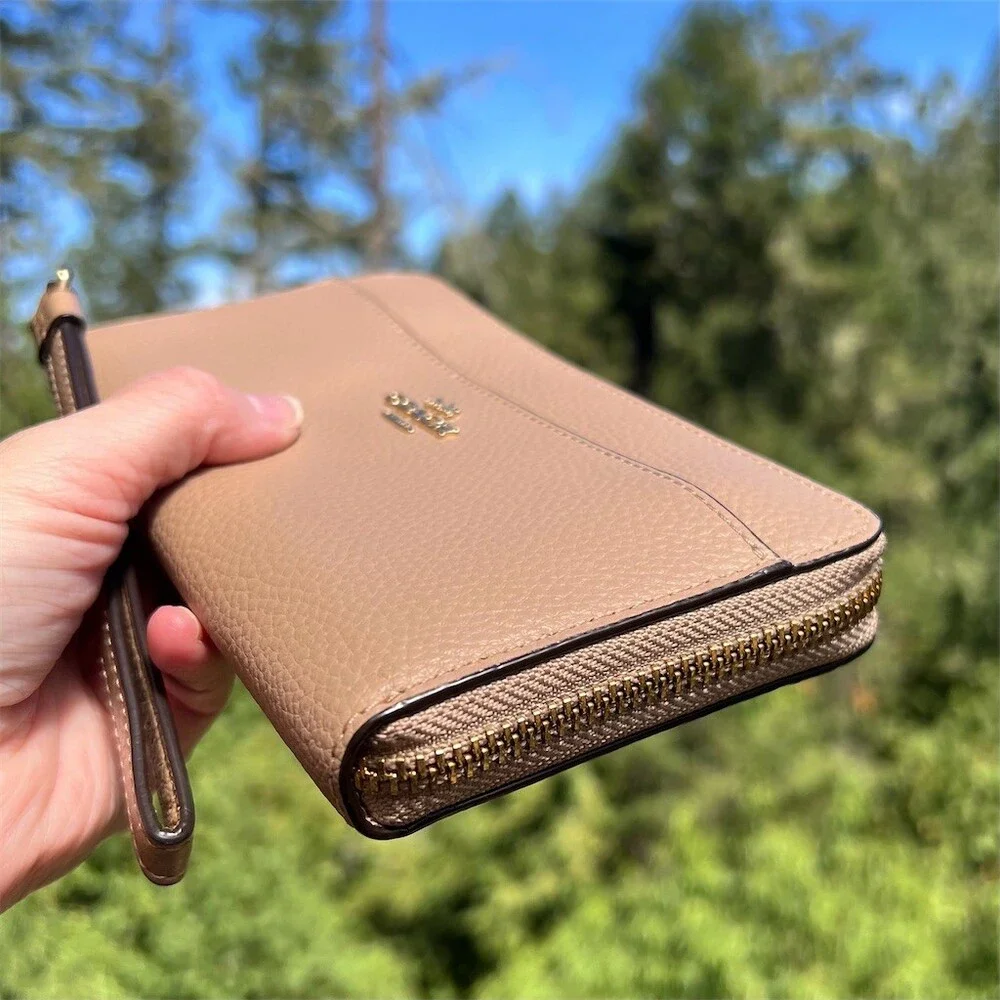 COACH Long Zip-Around Wallet Taupe Pebble Leather Wallet Gold Hardware AUTHENTIC